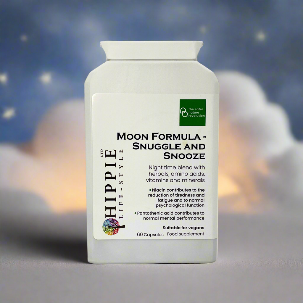 A bottle standing in front of a cloud. Its's label says HIPPIE Moon Formular Snuggle and Snooze. It is night time blend, herbal sleep support, ashwagandha, Montmorency tart cherry, relaxing amino acids, vitamins and minerals, fatigue reduction, immune system support, mental performance, vegan-friendly, Kosher approved, Halal approved.