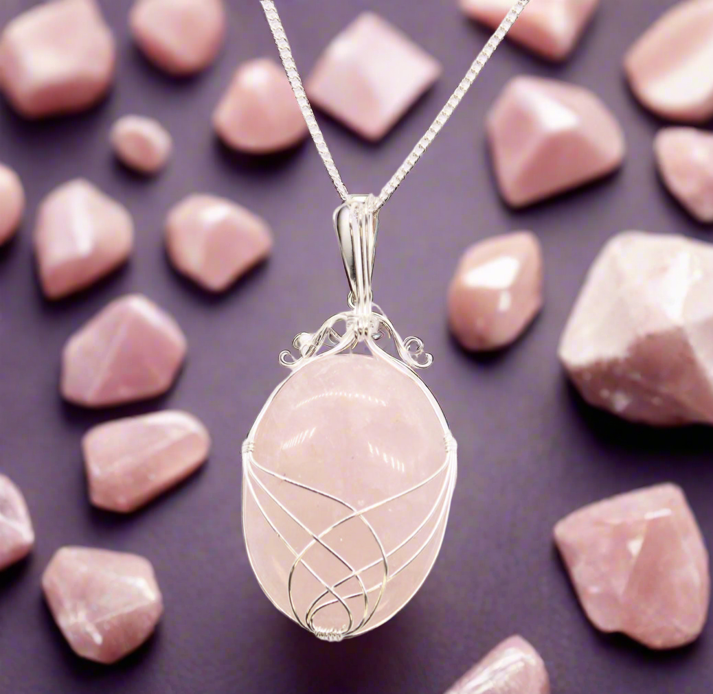 Swirl Wrapped Gemstone Necklace - Rose Quartz