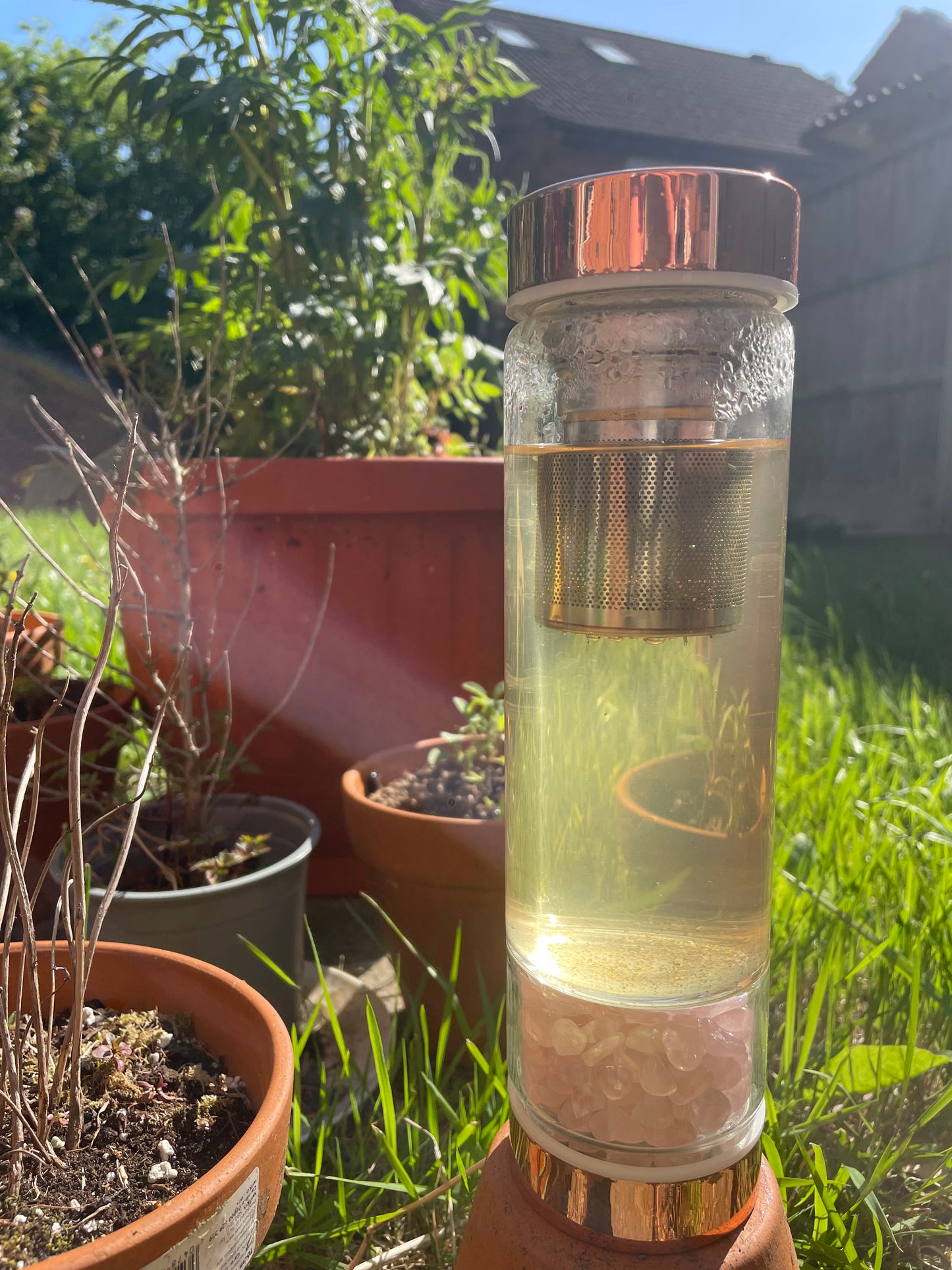 Crystal Glass Tea Infuser Bottle - Rose Gold - Rose Quartz