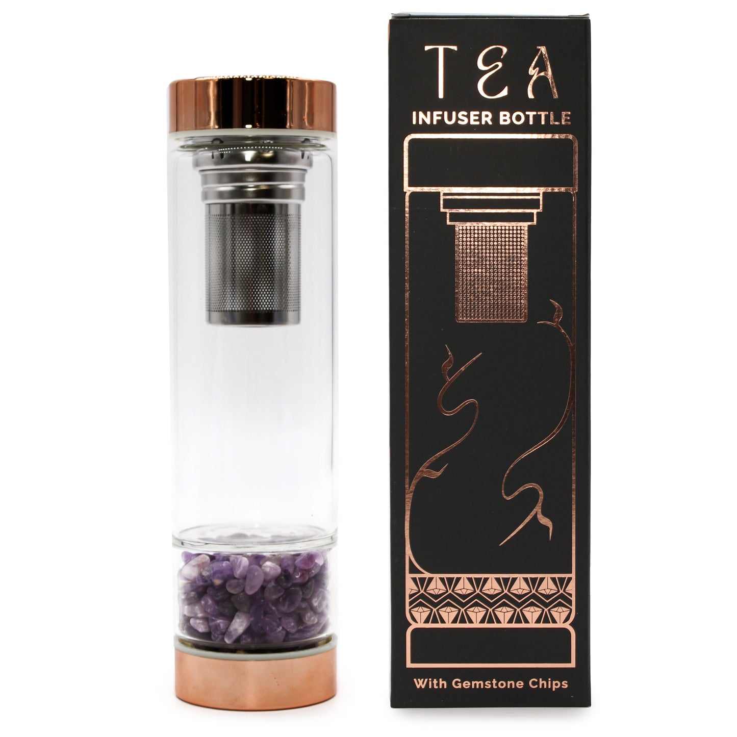 Amethyst Crystal Glass Tea Infuser Bottle in Rose Gold – Luxury Loose Leaf Tea on the Go