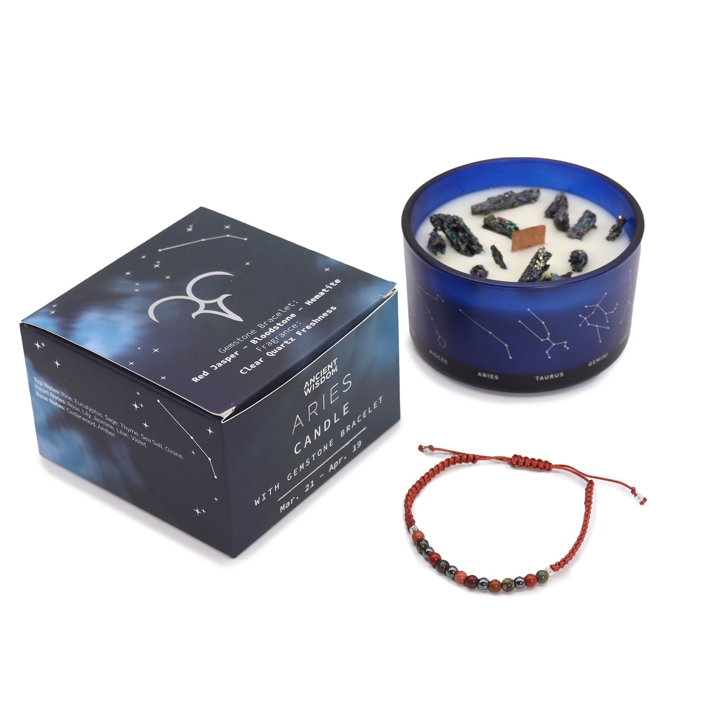 Aries Zodiac Crystal Candle & Gemstone Bracelet Set – Bold & Empowering Energy