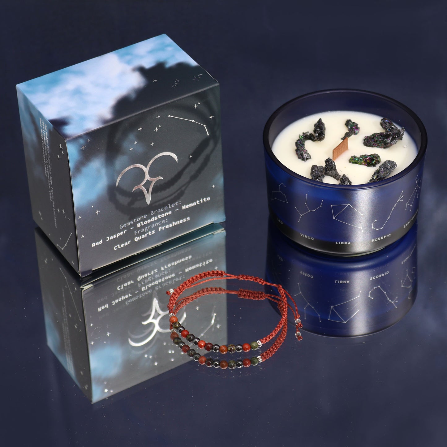 Aries Zodiac Crystal Candle & Gemstone Bracelet Set – Bold & Empowering Energy