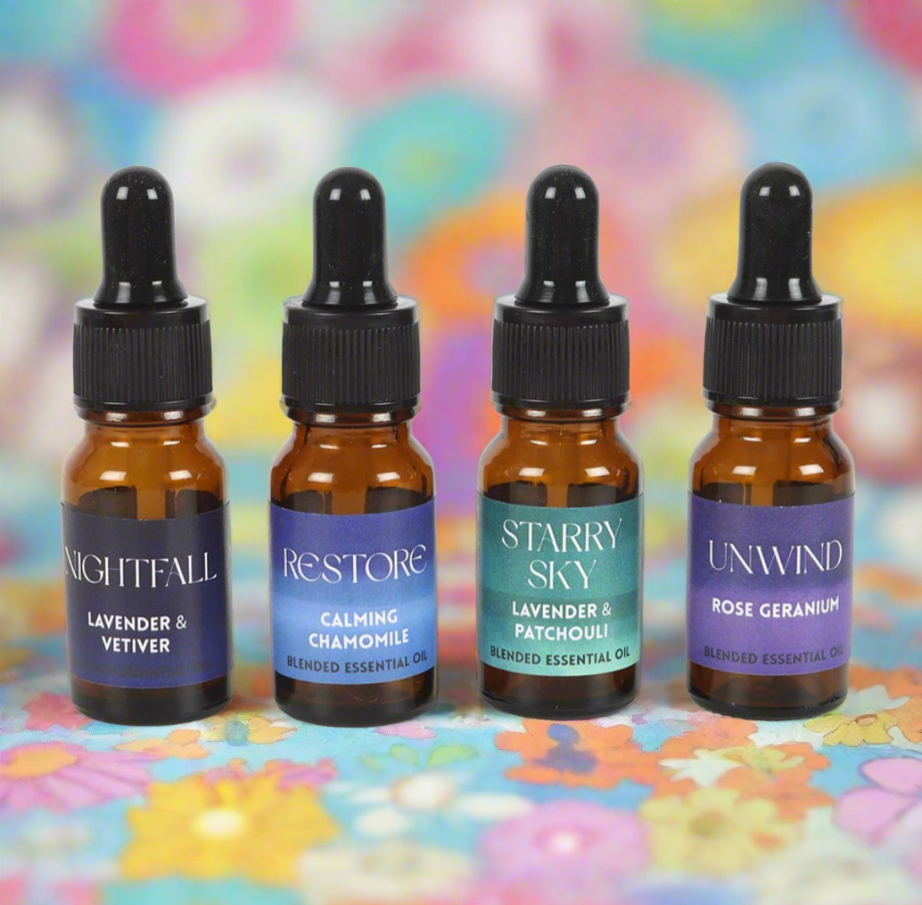 10ml Bottles of Lavender, Vetiver, Chamomile, and Rose Geranium Blends for Calming and Restorative Sleep