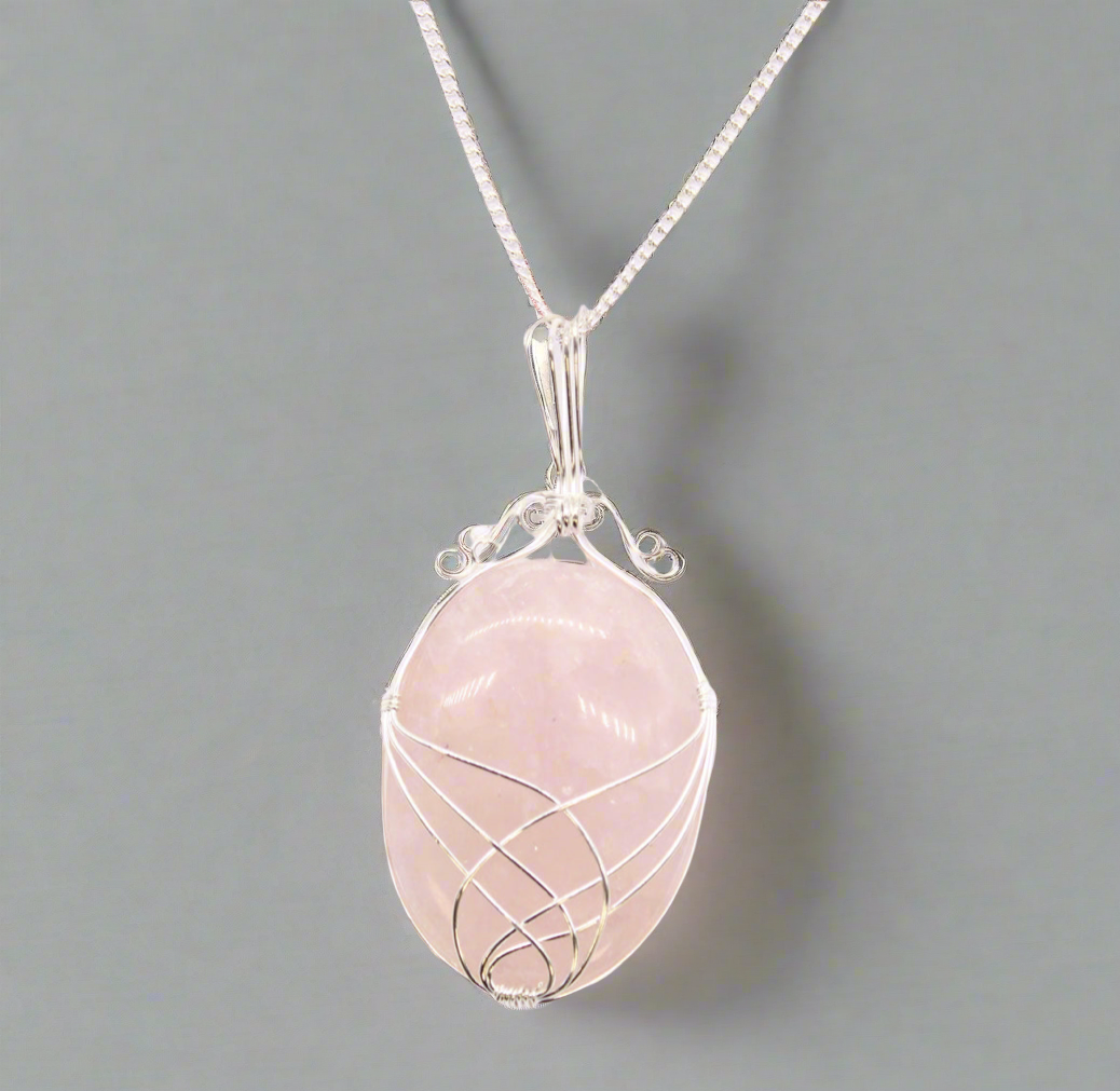 Swirl Wrapped Gemstone Necklace - Rose Quartz