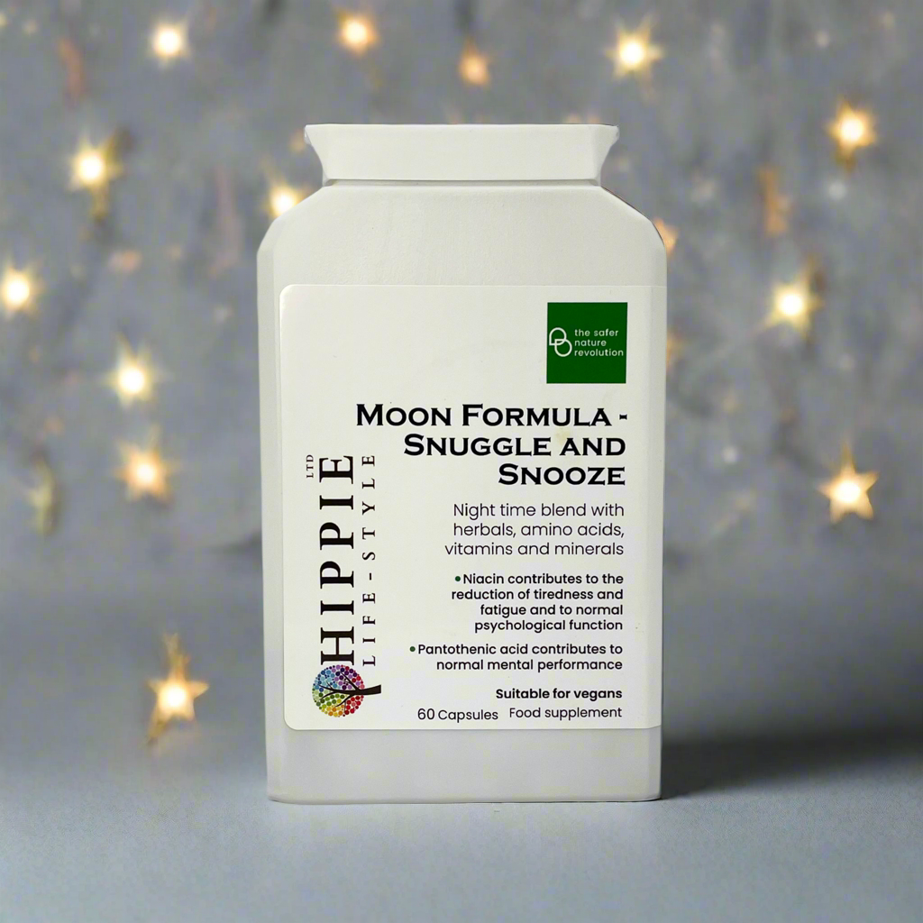A bottle of night time blend, herbal sleep support, ashwagandha, Montmorency tart cherry, relaxing amino acids, vitamins and minerals, fatigue reduction, immune system support, mental performance, vegan-friendly, Kosher approved, Halal approved. Standing in front of a grey starry background.