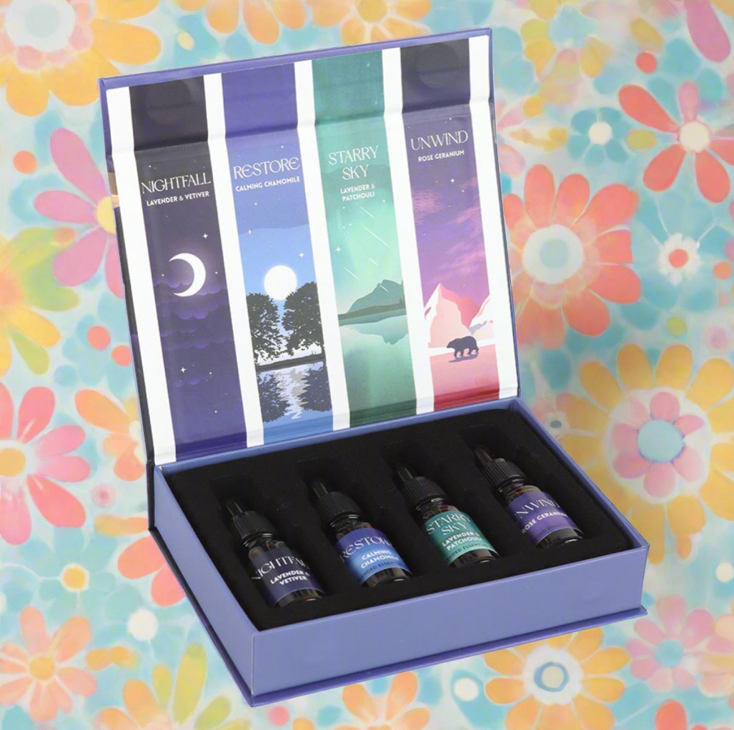 4 Blended Aromatherapy Oils for Relaxation and Restful Sleep, Featuring Lavender, Chamomile, Patchouli, and Rose Geranium