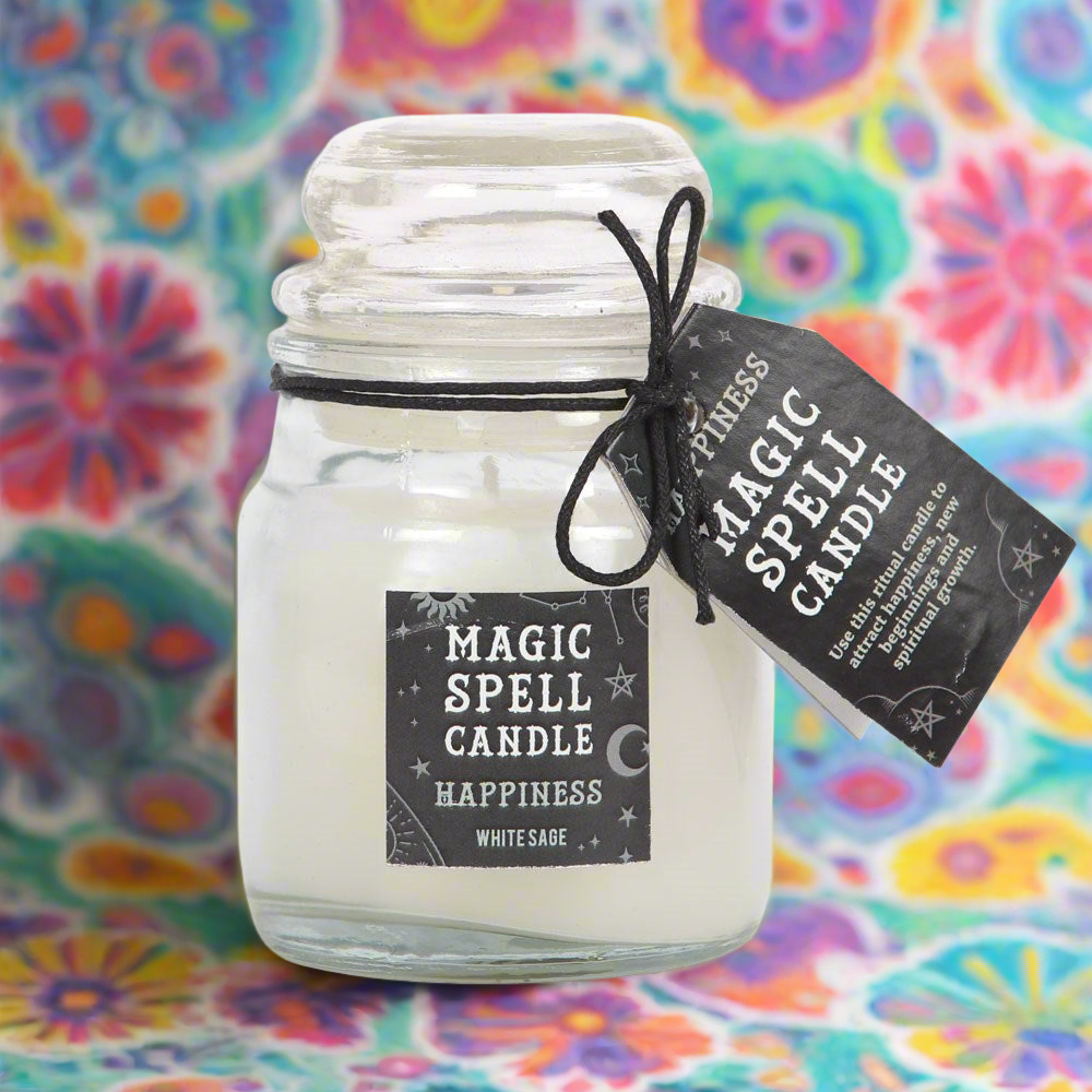 Happiness Small Ritual Jar Candle in a white jar with white sage fragrance, perfect for promoting balance and attracting positivity in your home.