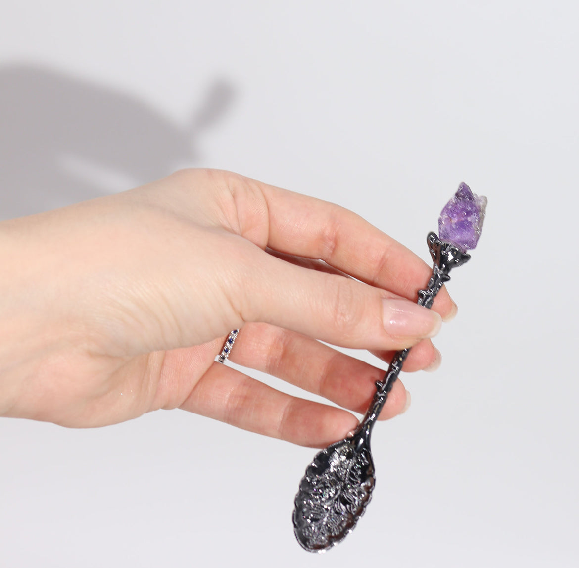 Set of 7 Gemstone Crystal Ritual Spoons - Dark Silver Finish