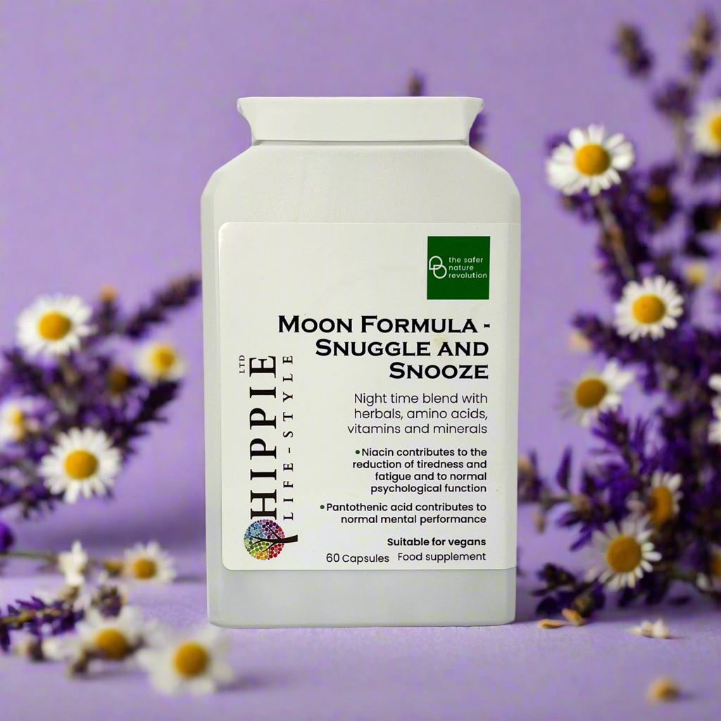A bottle of night time blend, herbal sleep support, ashwagandha, Montmorency tart cherry, relaxing amino acids, vitamins and minerals, fatigue reduction, immune system support, mental performance, vegan-friendly, Kosher approved, Halal approved. With a background of chamomile and Lavender.