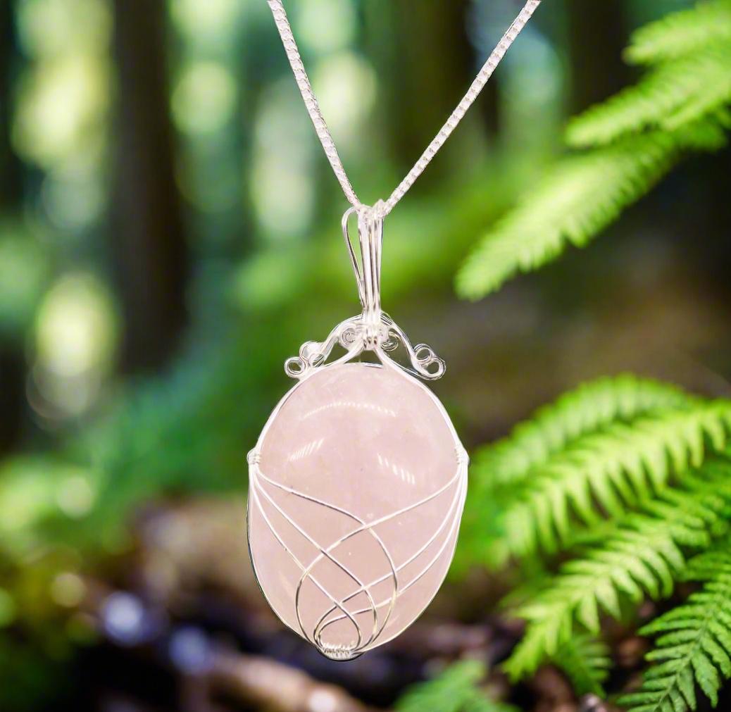 Swirl Wrapped Gemstone Necklace - Rose Quartz