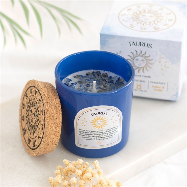 Taurus Amber & Vanilla Gemstone Zodiac Candle – Grounded Energy & Spiritual Awakening
