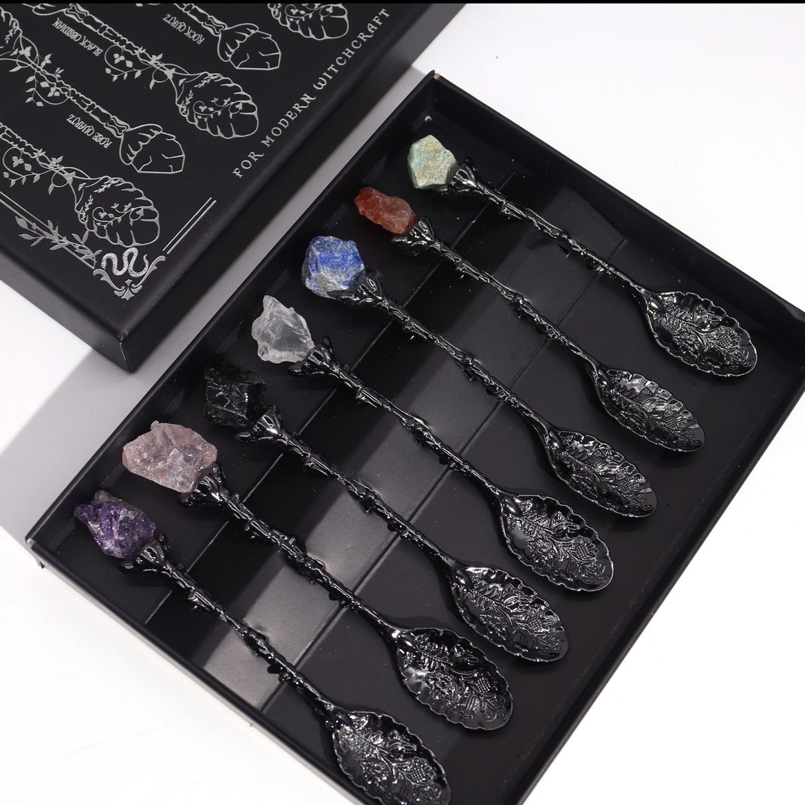 Set of 7 Gemstone Crystal Ritual Spoons - Dark Silver Finish