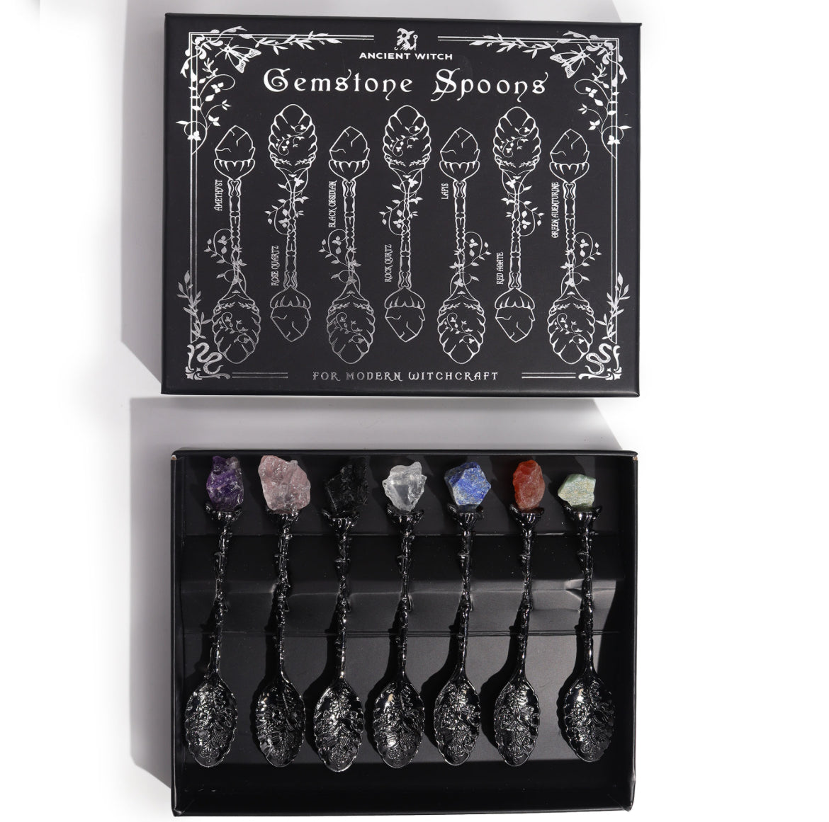 Set of 7 Gemstone Crystal Ritual Spoons - Dark Silver Finish