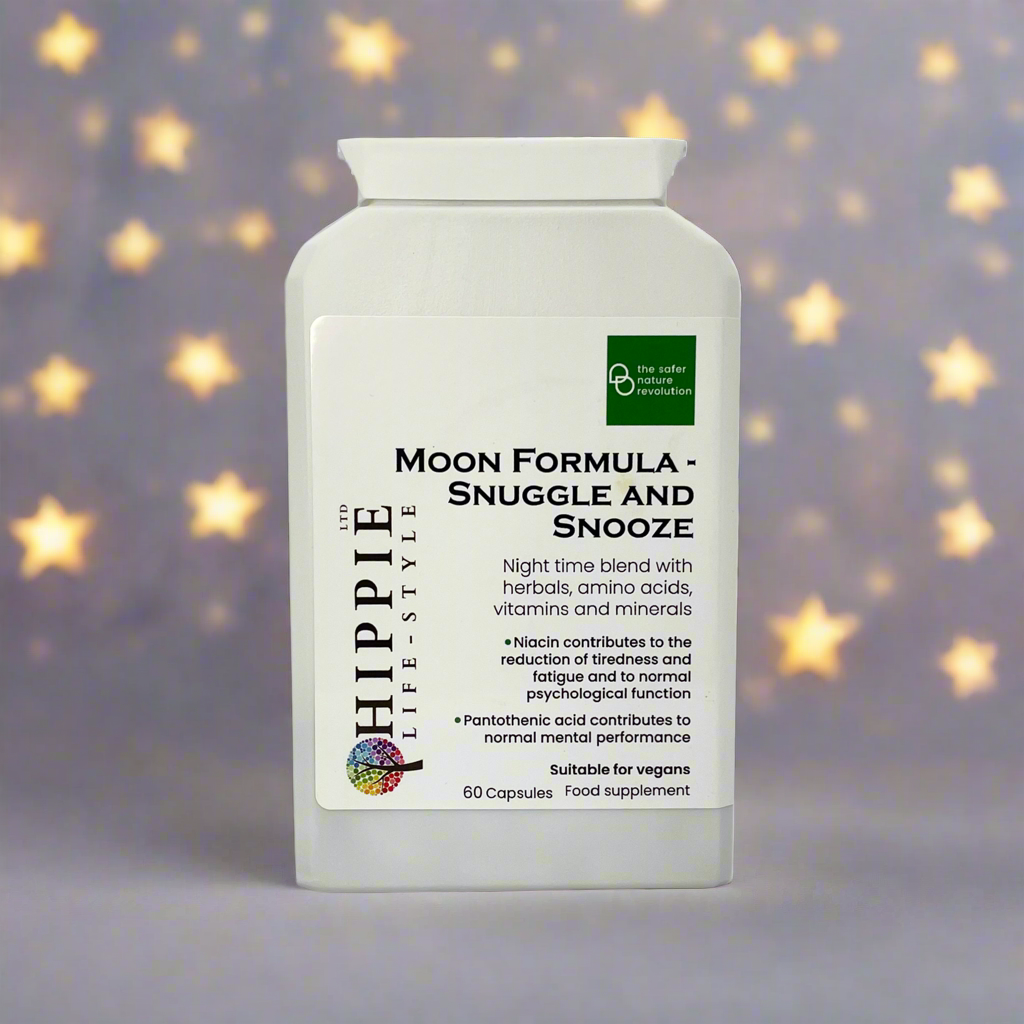 A bottle of HIPPIE Moon Formula - Snuggle and Snooze night time blend capsules, featuring a white label with product information and a stars motif in the background.