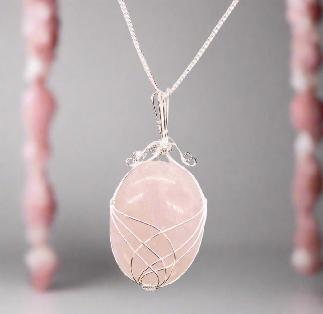 Swirl Wrapped Gemstone Necklace - Rose Quartz