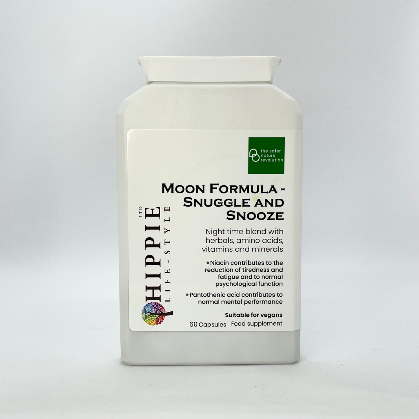 A bottle of HIPPIE Moon Formula- Snuggle and Snooze, a night time blend for herbal sleep support, featuring ashwagandha, Montmorency tart cherry, relaxing amino acids, vitamins and minerals. fatigue reduction, immune system support, mental performance, vegan-friendly, Kosher approved, Halal approved. On a plain white background.
