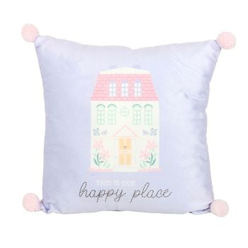 This Is Our Happy Place 35cm square cushion adorned with a house illustration, pom pom accents, and pastel hues to brighten your home decor.