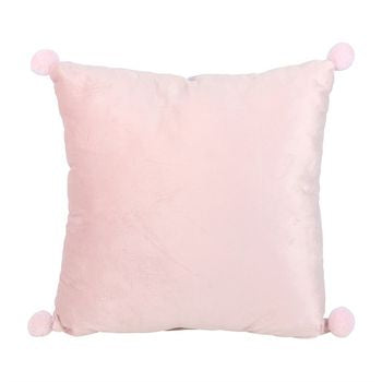 Back of Cozy square cushion in pastel shades featuring the message 'This Is Our Happy Place,' ideal for enhancing comfort and joy in your living space. Pink.