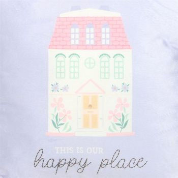 Cozy square cushion in pastel shades featuring the message 'This Is Our Happy Place,' ideal for enhancing comfort and joy in your living space.