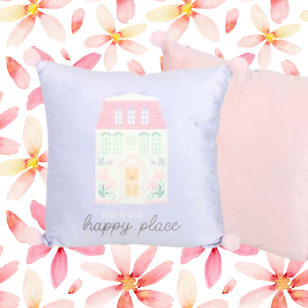 Decorative square cushion with sweet pastel colors and the uplifting text 'This Is Our Happy Place,' perfect for adding comfort and style to any room.