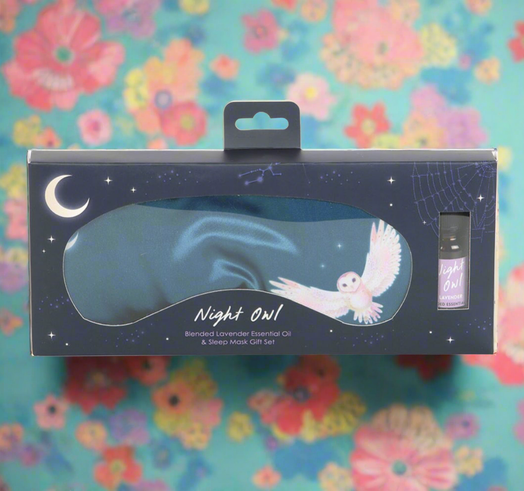 Night Owl Sleep Mask and Essential Oil Gift Set featuring a satin sleep mask with a mystical night owl design and calming lavender essential oil for restful sleep and stress relief