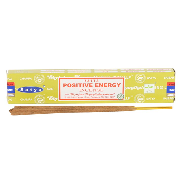 A single box of positive energy rose and lemongrass incense by Satya with masala incense sticks at the front.