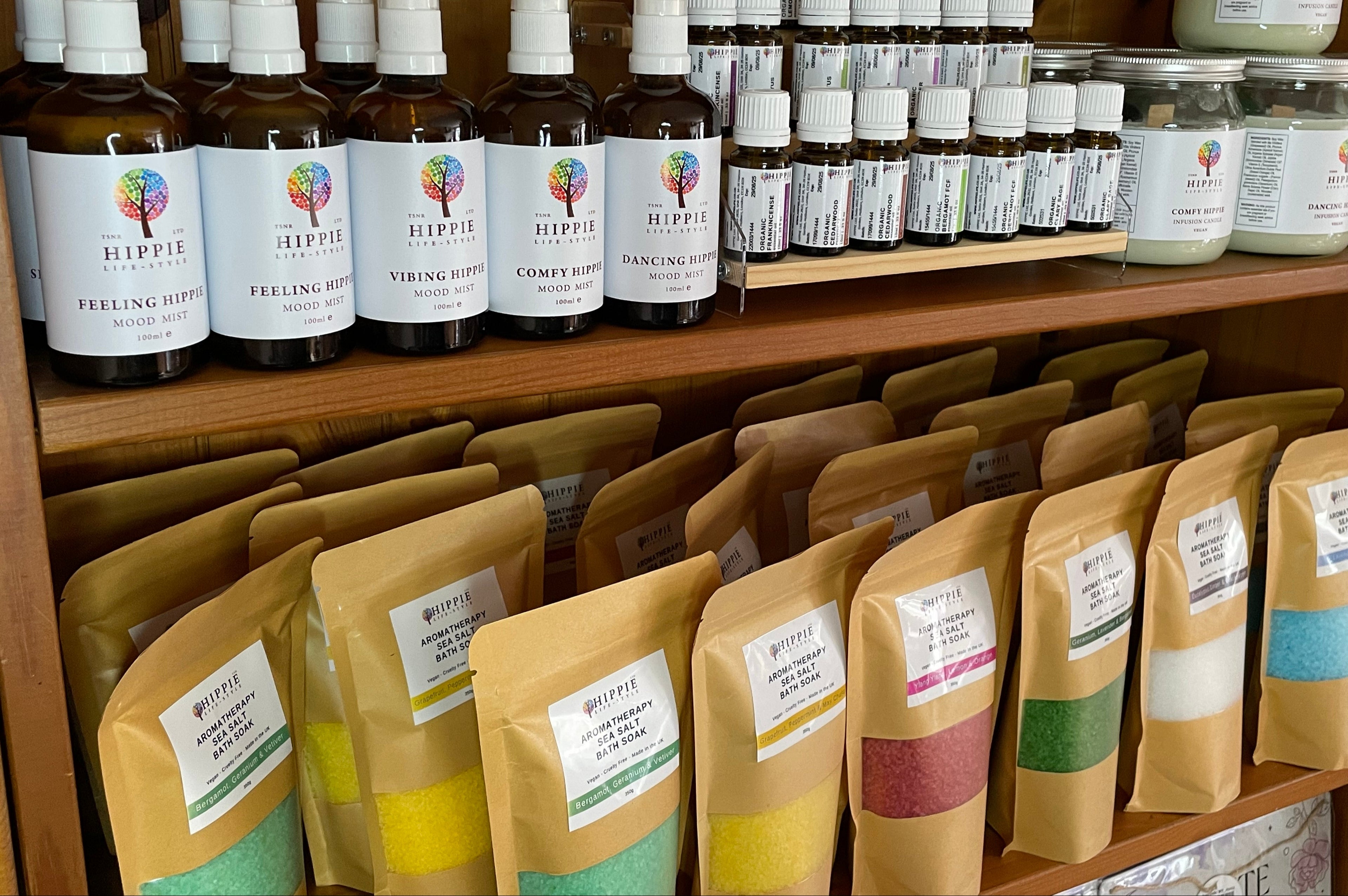 aromatherapy bathy salts, candles, body sprays, and essential oils, in a professional aromatherapy room.