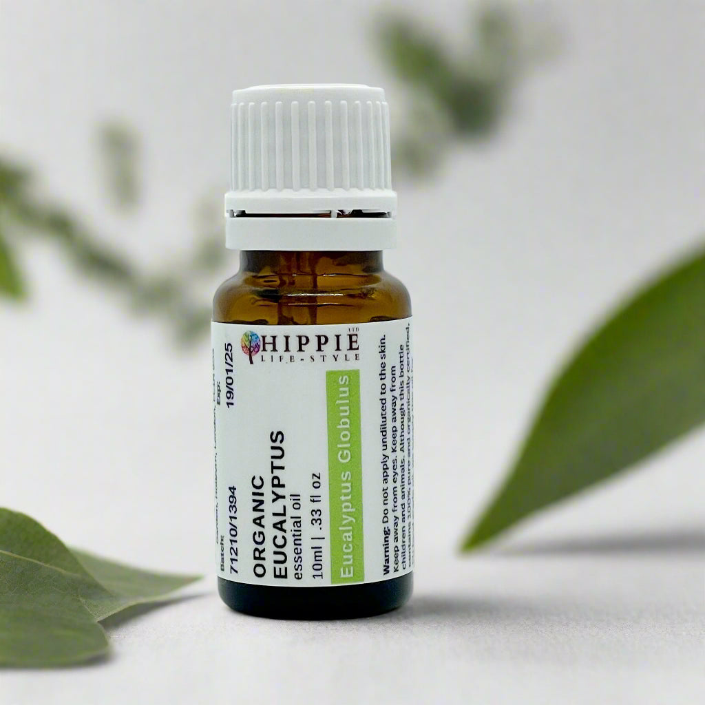 Organic Eucalyptus Globulus essential oil in a professional therapy room.