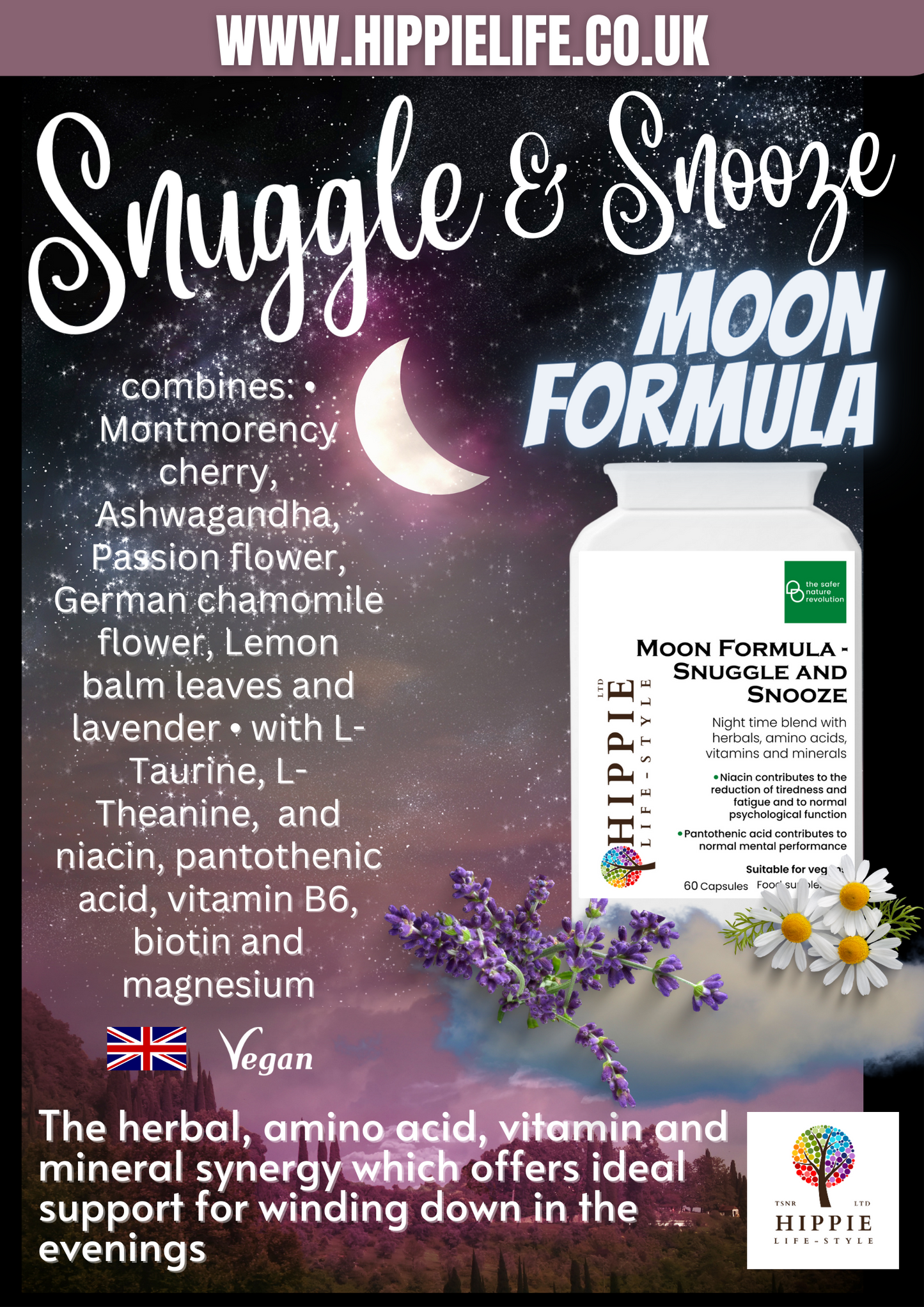 Poster advert for night time blend, herbal sleep support, ashwagandha, Montmorency tart cherry, relaxing amino acids, vitamins and minerals, fatigue reduction, immune system support, mental performance, vegan-friendly, Kosher approved, Halal approved.