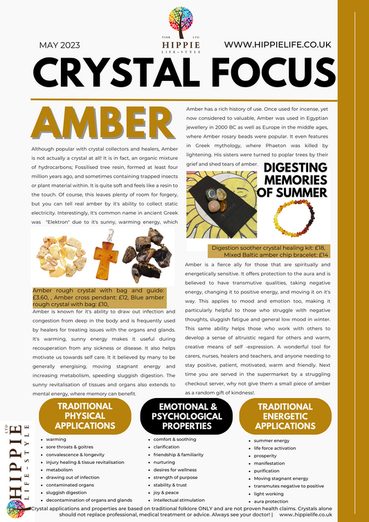 information on the uses, benefits, properties, meanings and applications of amber healing crystals, and how to use them.