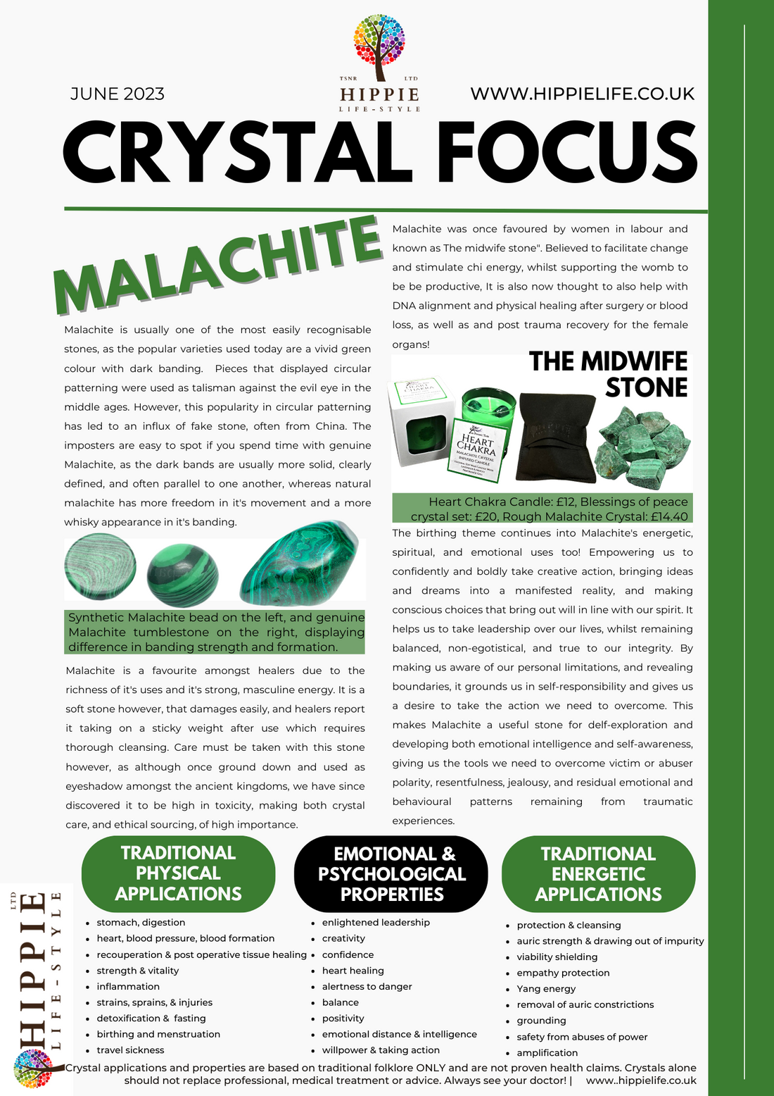 information on the uses, benefits, properties, meanings and applications of Malachite healing crystals, and how to use them.