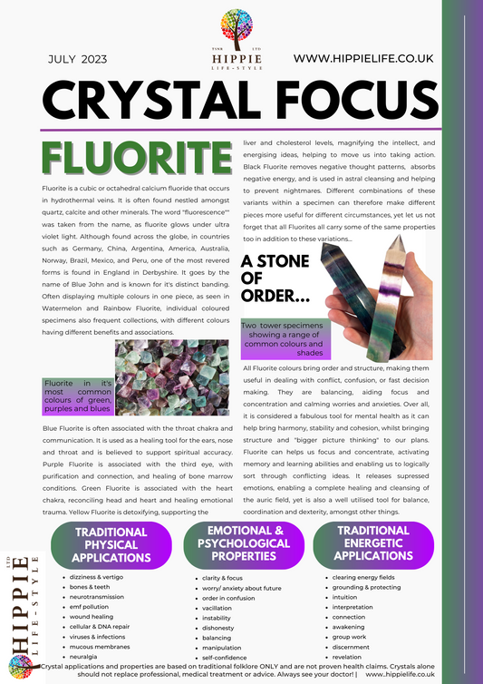 information on the uses, benefits, properties, meanings and applications of Fluorite healing crystals, and how to use them.