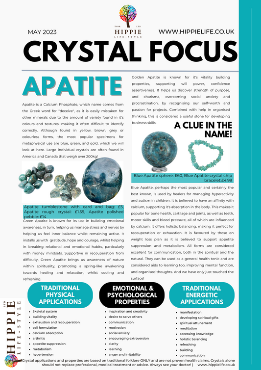 information on the uses, benefits, properties, meanings and applications of apatite healing crystal, blue apatite, golden apatite, green apatite, and how to use them.