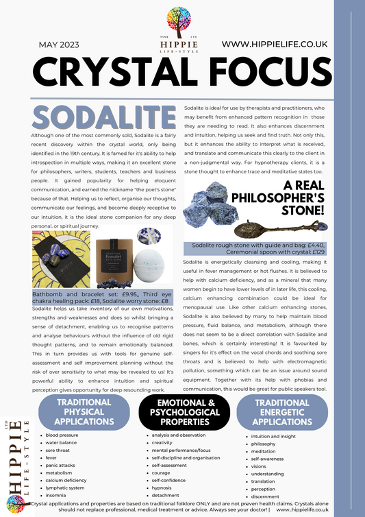 information on the uses, benefits, properties, meanings and applications of sodalite healing crystals, and how to use them.