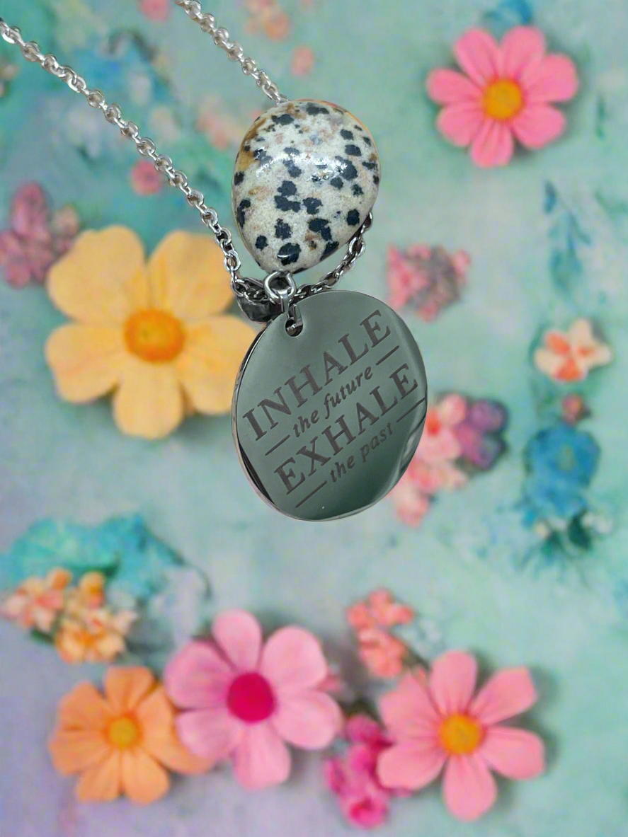 Dalmatian Jasper Teardrop Pendant Dog Tag Necklace - “inhale the future, exhale the past”.