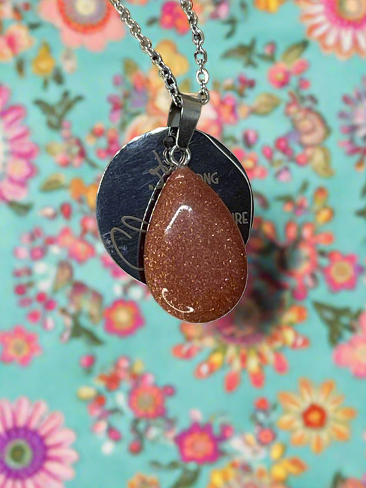 Red Goldstone Teardrop Pendant Dog Tag Necklace - “She is strong, fierce, brave and full of fire”