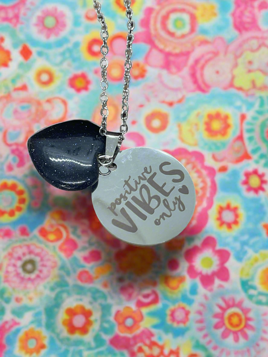 Blue Goldstone Heart Pendant Dog Tag Necklace: “Positive Vibes Only”