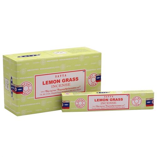 a wholesale style carton of twelve boxes of Satya Lemongrass Incense sticks