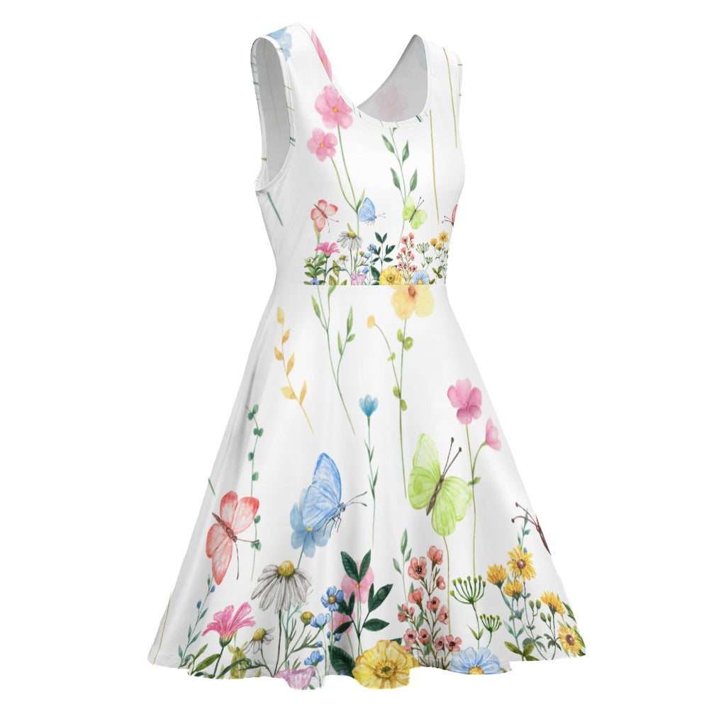 Flower Power Garden - Round Neck Sleeveless Large Hem Dress