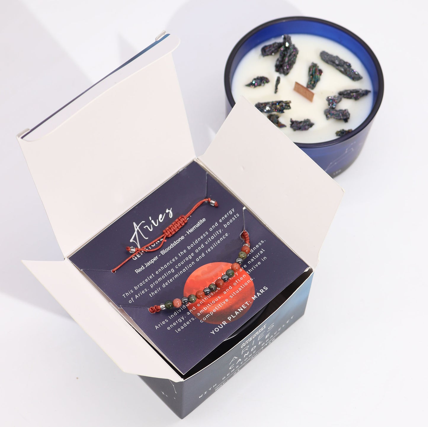 Aries Zodiac Crystal Candle & Gemstone Bracelet Set – Bold & Empowering Energy