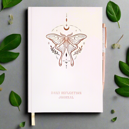 Luna Moth Daily Reflection Journal and Clear Quartz Crystal Pen - cultivate self-awareness, gratitude, and personal growth