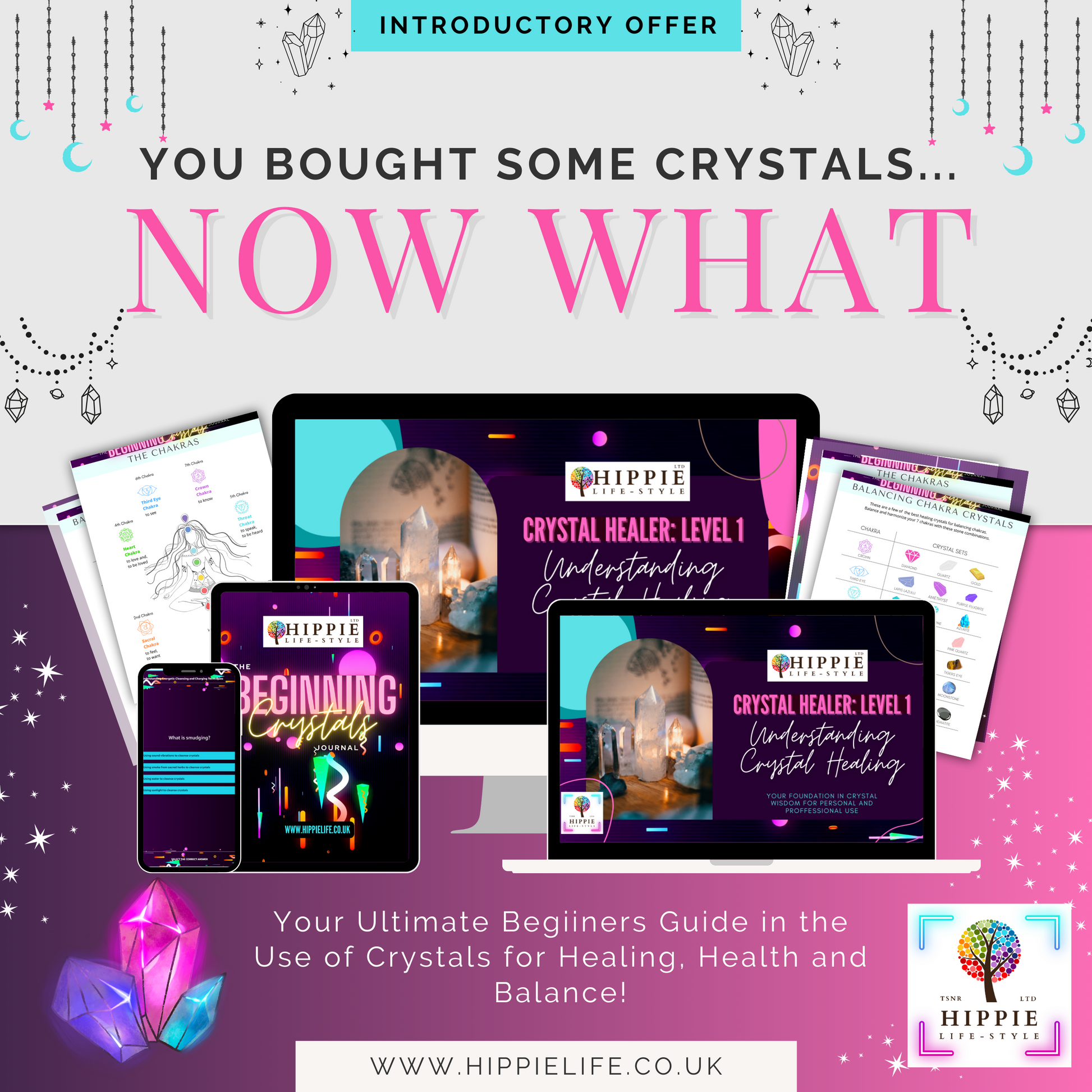 Hippie life UK, the crystal, spiritual and natural holistic health gift shop presents HIPPIE Crystal Healer Level 1 Interactive Online Course and Workbook Journal!, , HIPPIE Life UK, , , , , .