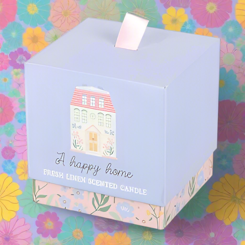 Delightful 'A Happy Home' Candle made of paraffin wax, showcasing a cheerful house illustration and fresh linen scent, perfect for housewarming gifts