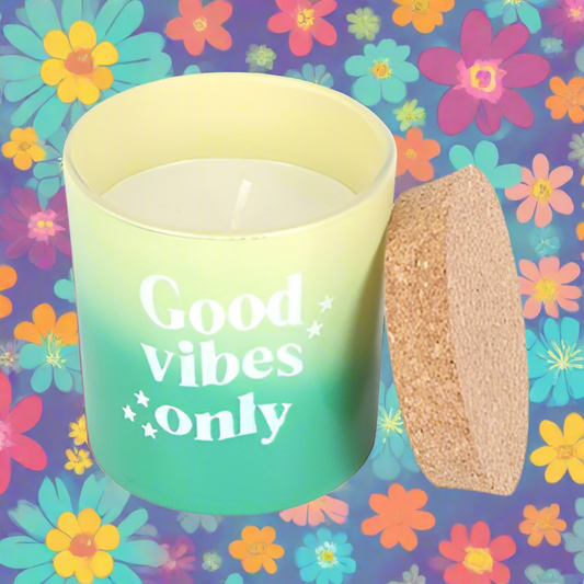 Good Vibes Only Mandarin & Bergamot Candle in vibrant green glass pot, designed to fill your home with uplifting scents and positive energy.