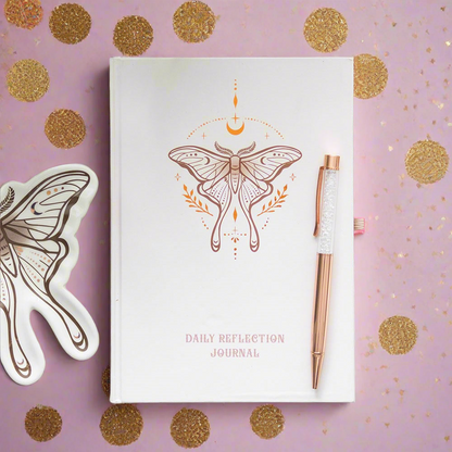 Luna Moth Daily Reflection Journal and Clear Quartz Crystal Pen - cultivate self-awareness, gratitude, and personal growth