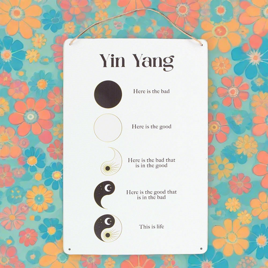 Stylish 30cm Yin Yang hanging metal sign featuring the iconic yin yang symbol, representing balance and harmony. This decorative sign enhances home decor while promoting positive symbolism, personal growth, and mindfulness in everyday life.