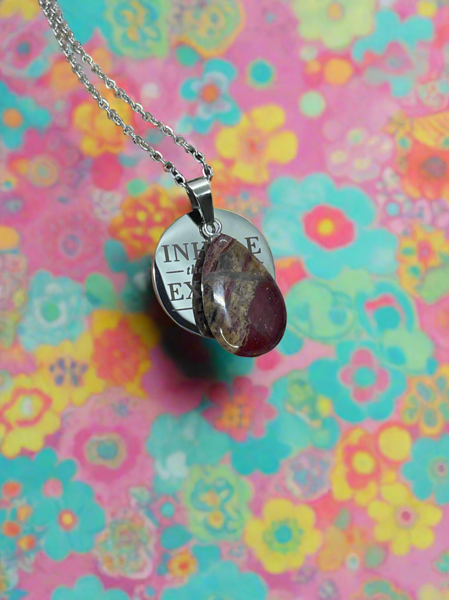 Wood Jasper Teardrop Pendant Dog Tag Necklace - “Inhale the future exhale the past”