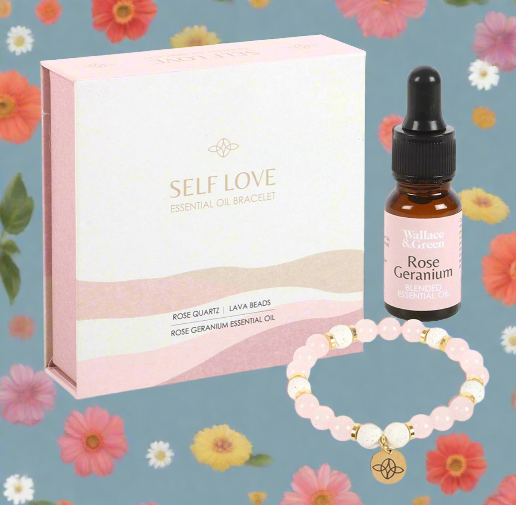 Rose Quartz Crystal and Lava Bead Essential Oil Diffusing Bracelet Set with Celtic Serch Bythol Charm - Embrace the Power of Self Love and Confidence