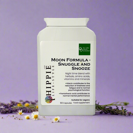 A bottle of HIPPIE Moon Formula - Snuggle and Snooze night time blend, herbal sleep support, ashwagandha, Montmorency tart cherry, relaxing amino acids, vitamins and minerals, fatigue reduction, immune system support, mental performance, vegan-friendly, Kosher approved, Halal approved.