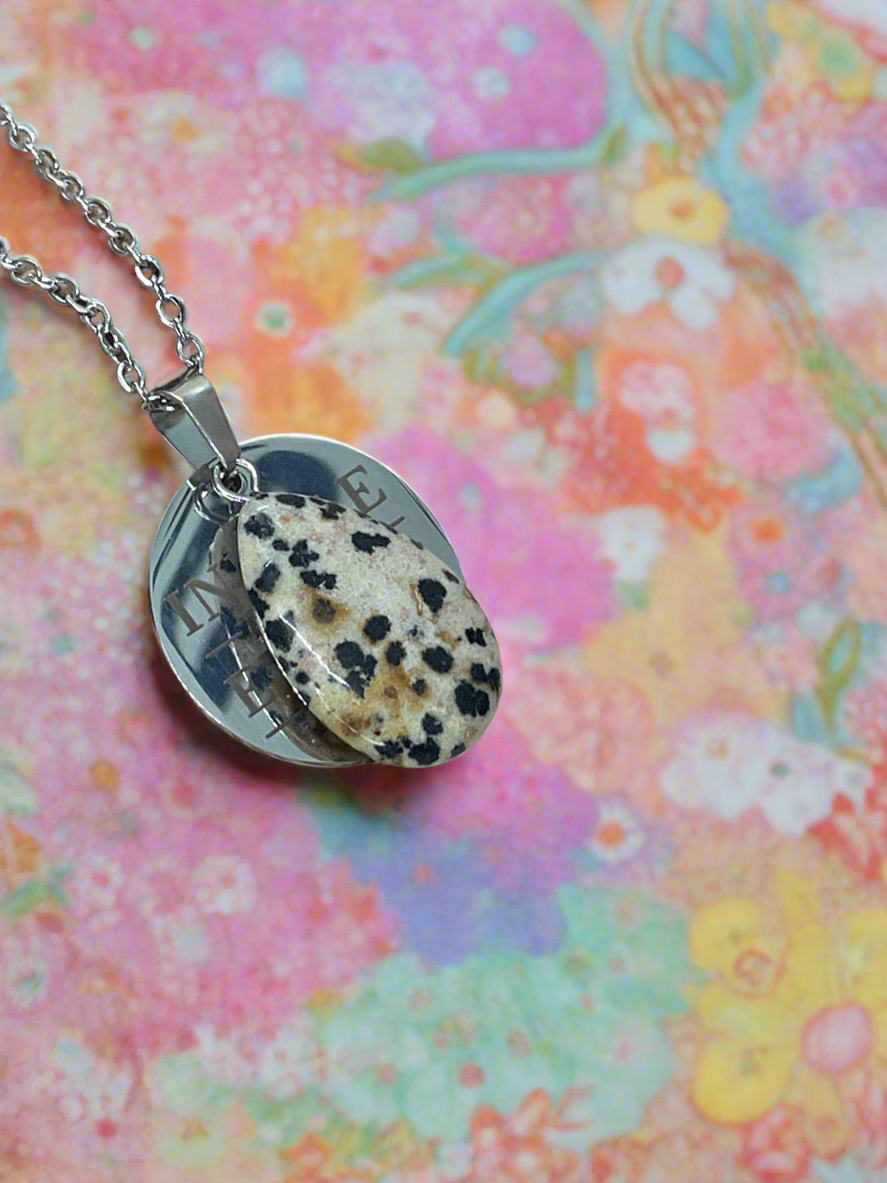 Dalmatian Jasper Teardrop Pendant Dog Tag Necklace - “inhale the future, exhale the past”.